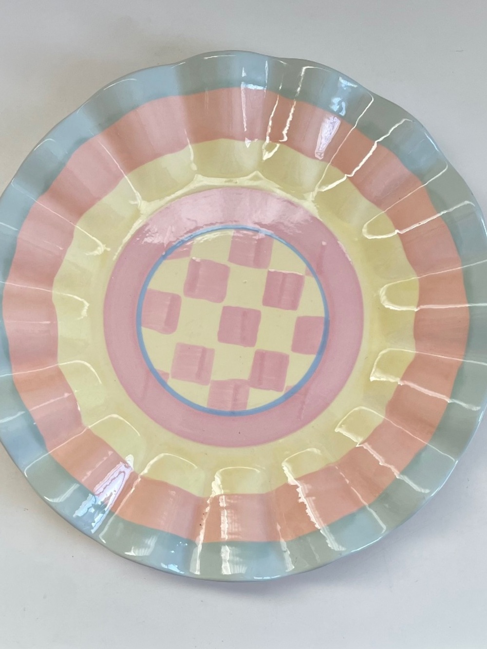 Large Ruffle Edge 14 Inch Round MacKenzie-Childs Rosey Check Inspired Platter
